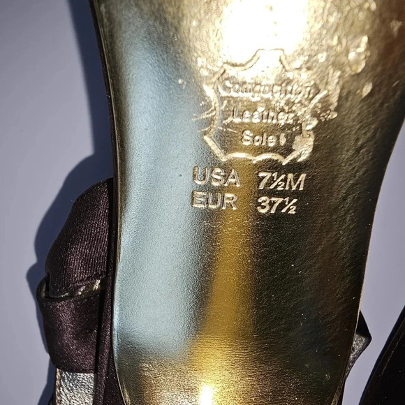 Nina Brown Satin Open Toe Gold Bottom Heels - Picture 6 of 6